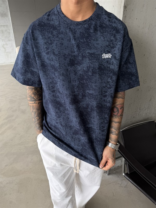 Yıkamalı Basic Nakışlı Acid T-Shirt - İndigo