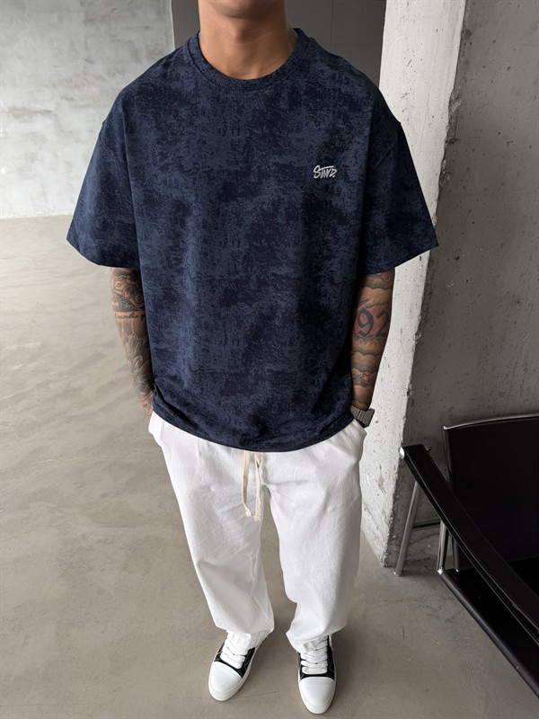 Yıkamalı Basic Nakışlı Acid T-Shirt - İndigo