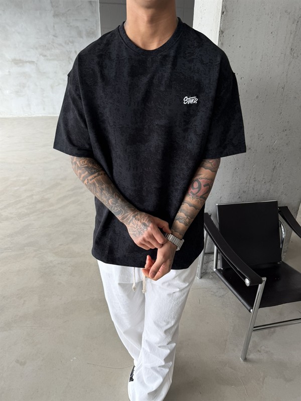 Yıkamalı Basic Nakışlı Acid T-Shirt - Siyah
