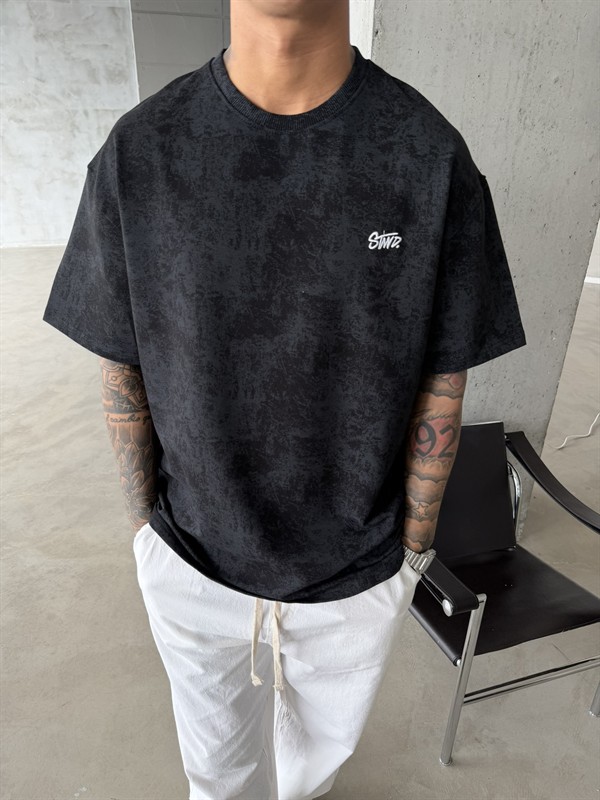 Yıkamalı Basic Nakışlı Acid T-Shirt - Siyah