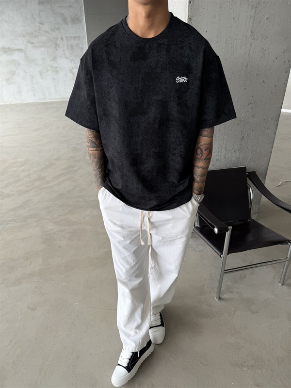 Yıkamalı Basic Nakışlı Acid T-Shirt - Siyah