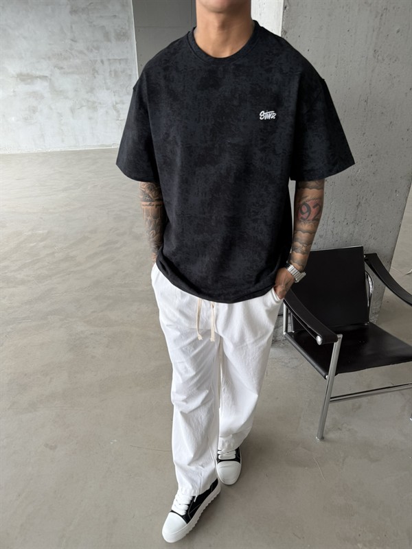 Yıkamalı Basic Nakışlı Acid T-Shirt - Siyah