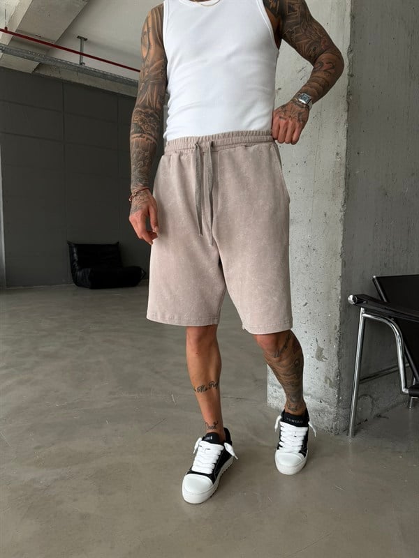 Yıkamalı Basic Premium Kumaş Şort - Bej