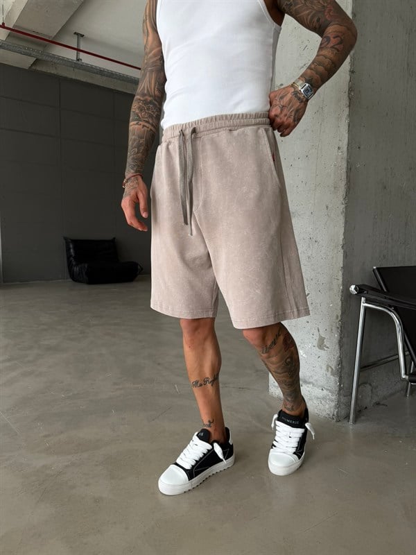 Yıkamalı Basic Premium Kumaş Şort - Bej
