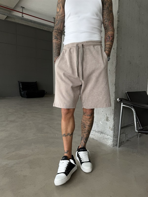 Yıkamalı Basic Premium Kumaş Şort - Bej
