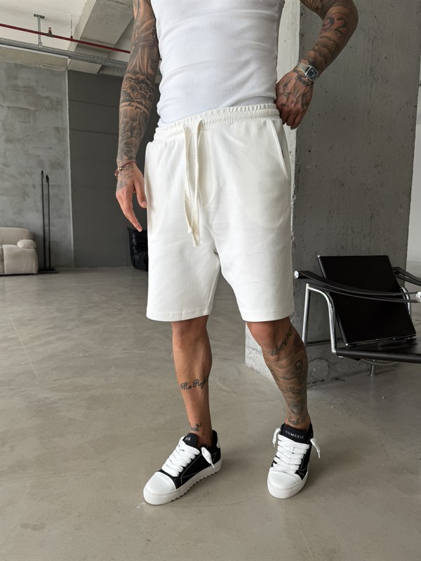 Yıkamalı Basic Premium Kumaş Şort - Beyaz