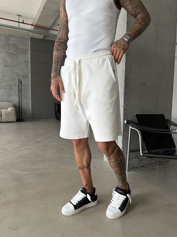 Yıkamalı Basic Premium Kumaş Şort - Beyaz