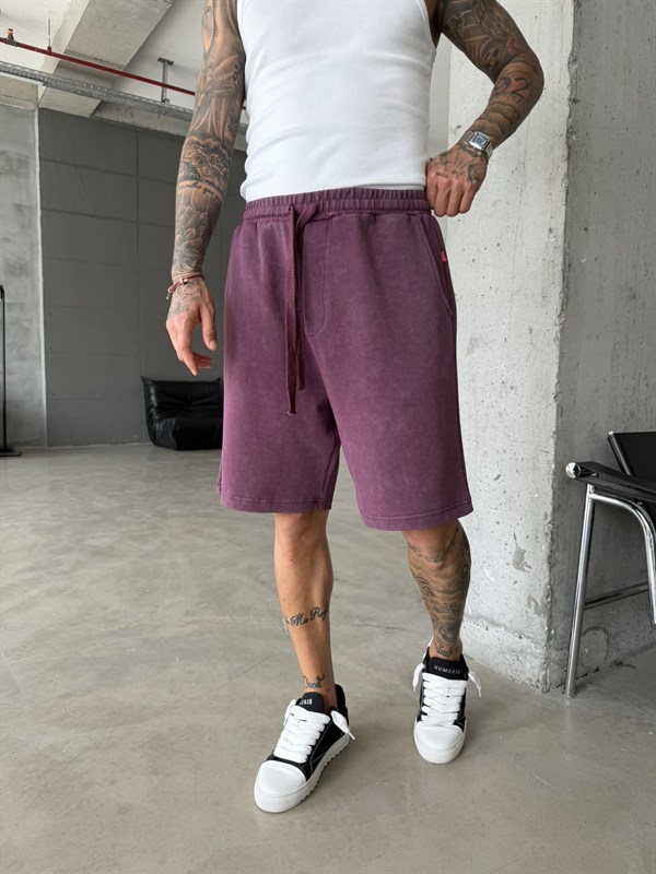 Yıkamalı Basic Premium Kumaş Şort - Bordo