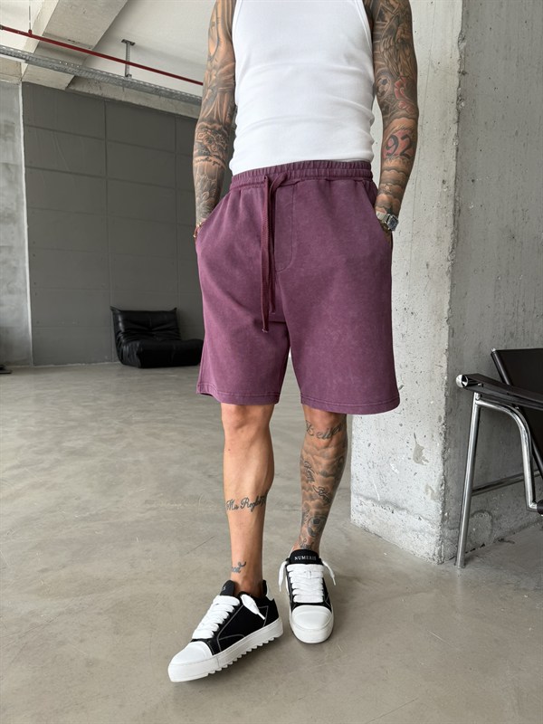 Yıkamalı Basic Premium Kumaş Şort - Bordo