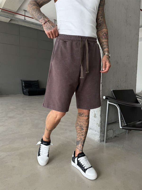 Yıkamalı Basic Premium Kumaş Şort - Kahve