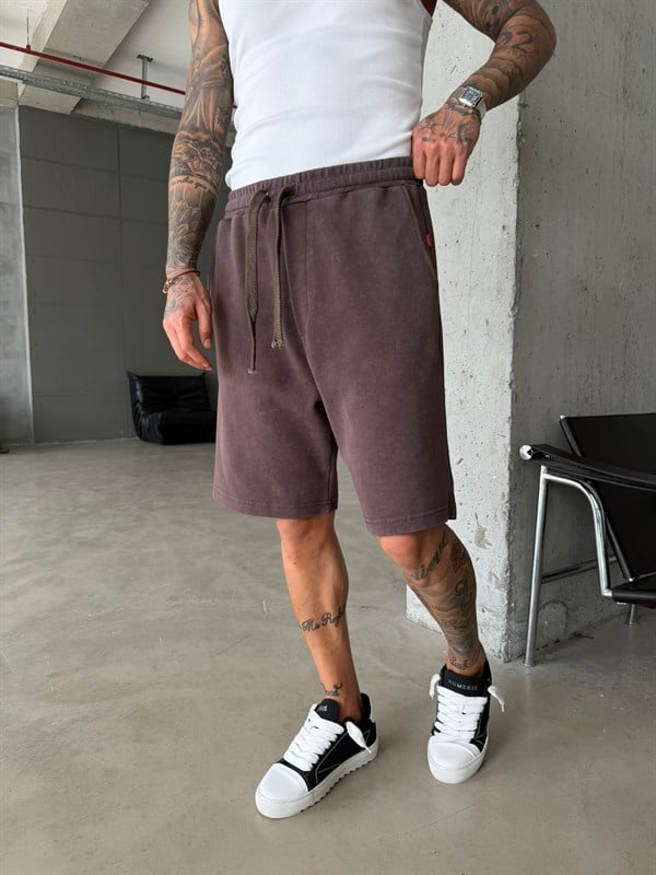 Yıkamalı Basic Premium Kumaş Şort - Kahve