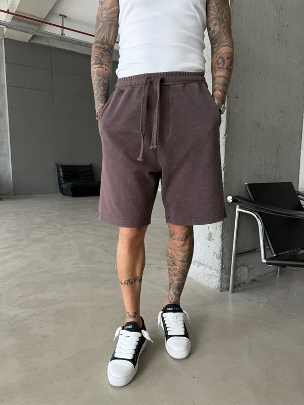 Yıkamalı Basic Premium Kumaş Şort - Kahve