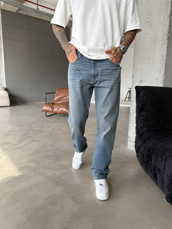 Yıkamalı Eskitme Baggy  Jean - İndigo