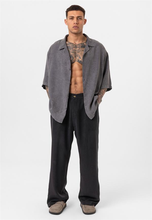 Yıkamalı Oversize Kısa Kol Gömlek - Antrasit