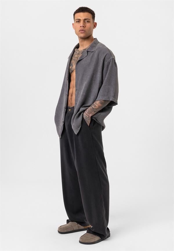 Yıkamalı Oversize Kısa Kol Gömlek - Antrasit