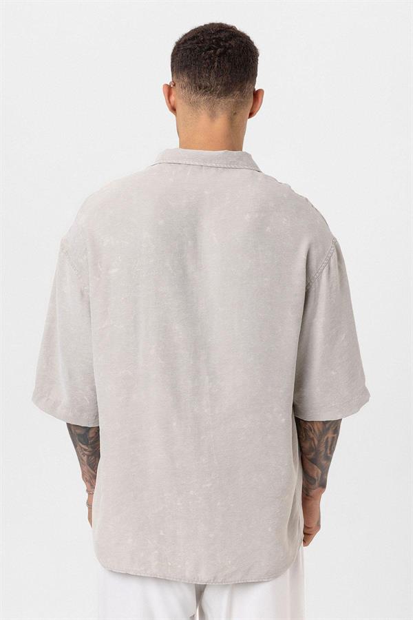 Yıkamalı Oversize Kısa Kol Gömlek - Bej