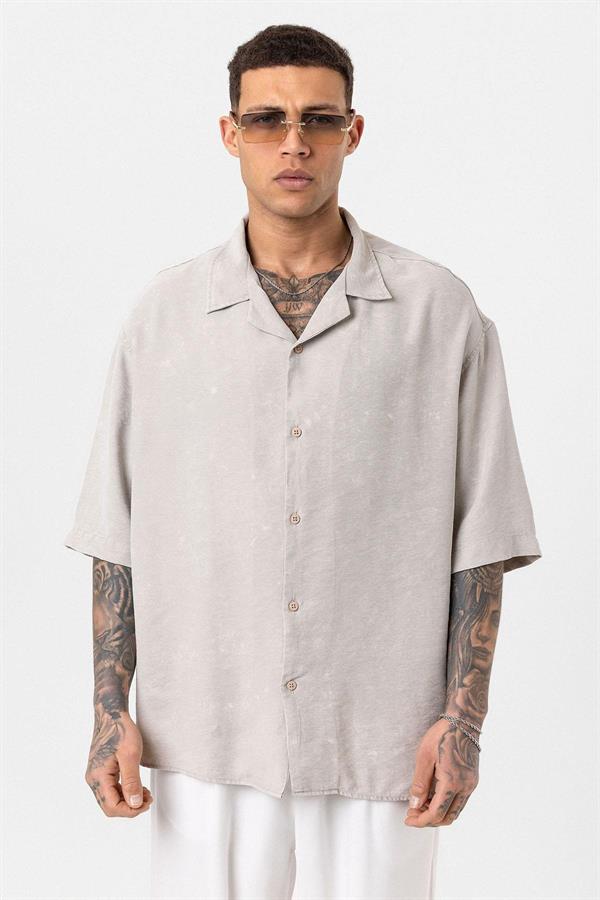 Yıkamalı Oversize Kısa Kol Gömlek - Bej