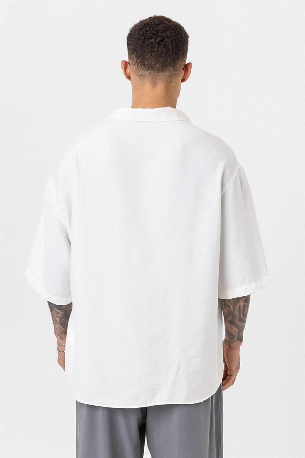Yıkamalı Oversize Kısa Kol Gömlek - Ekru