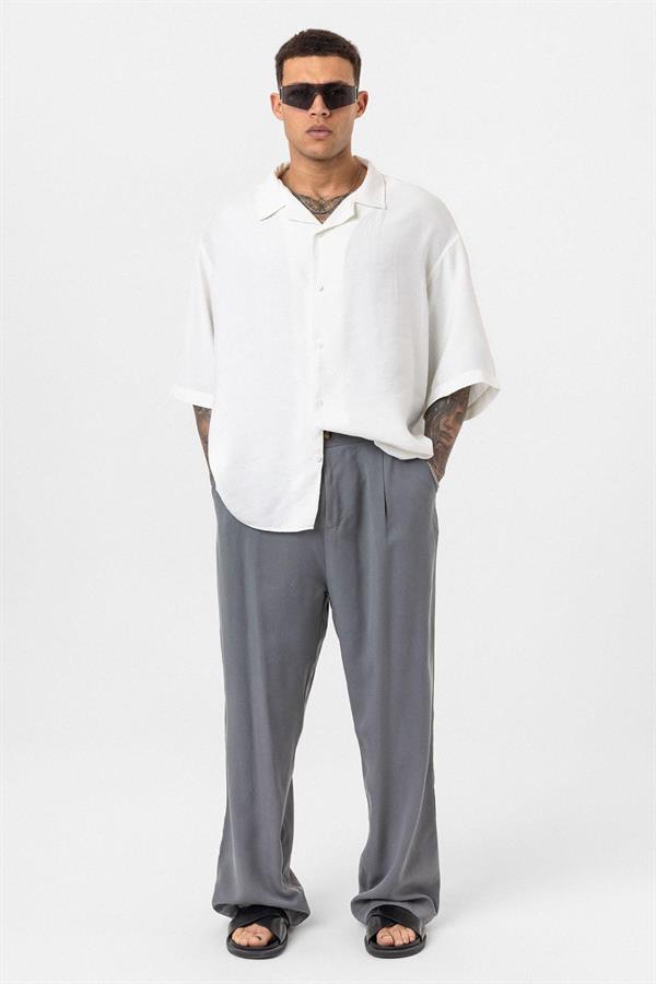 Yıkamalı Oversize Kısa Kol Gömlek - Ekru