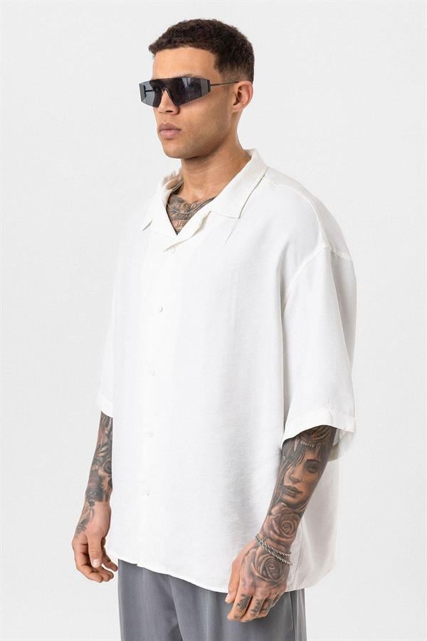 Yıkamalı Oversize Kısa Kol Gömlek - Ekru