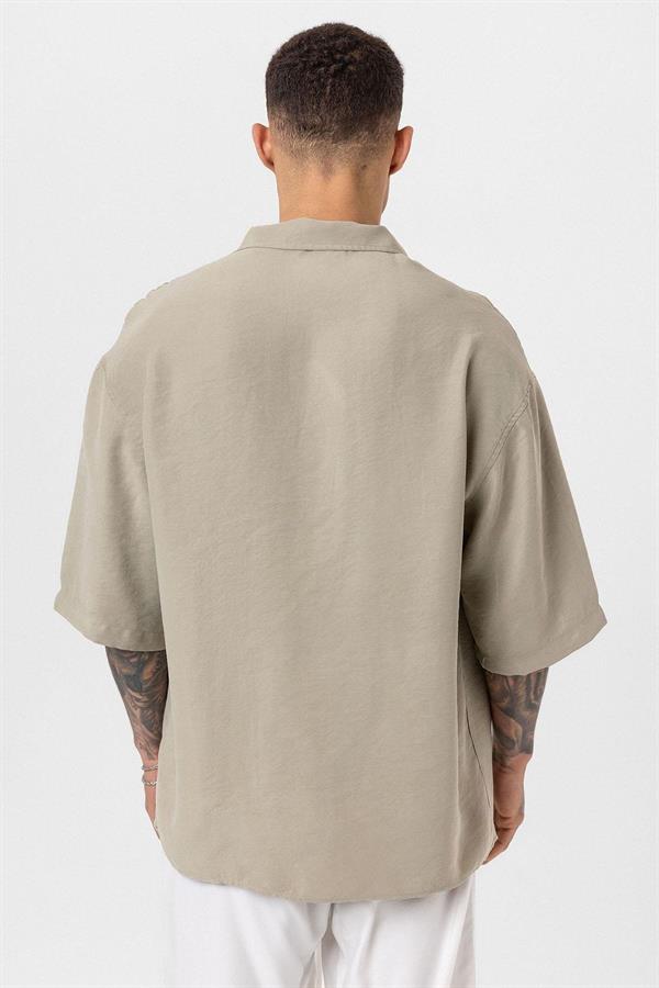 Yıkamalı Oversize Kısa Kol Gömlek - Haki