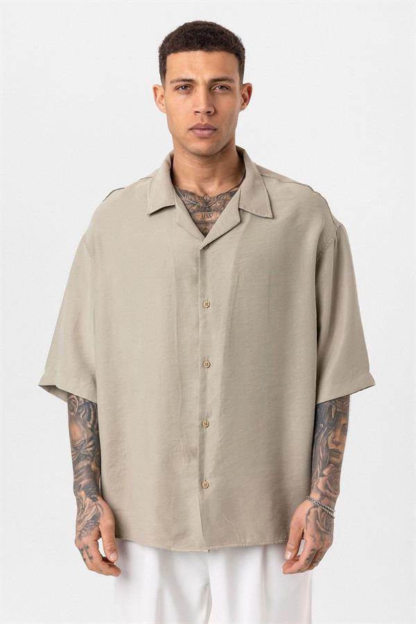 Yıkamalı Oversize Kısa Kol Gömlek - Haki