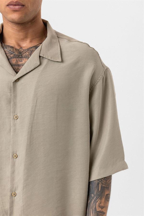 Yıkamalı Oversize Kısa Kol Gömlek - Haki