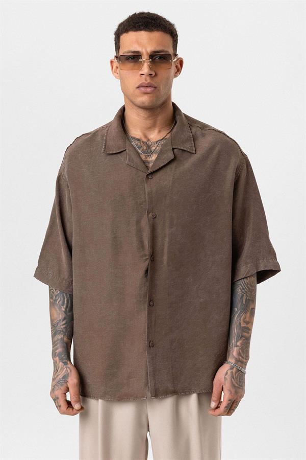 Yıkamalı Oversize Kısa Kol Gömlek - Kahve