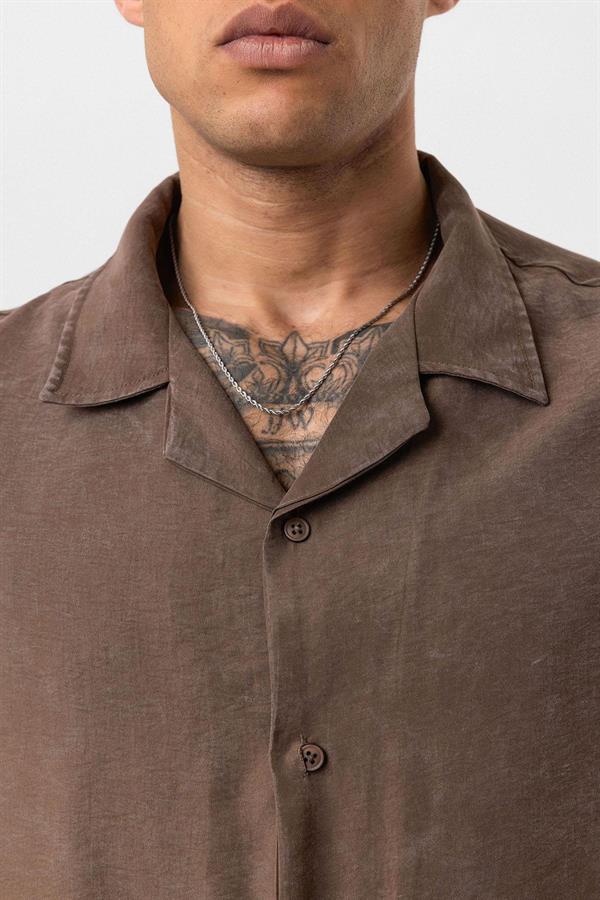 Yıkamalı Oversize Kısa Kol Gömlek - Kahve