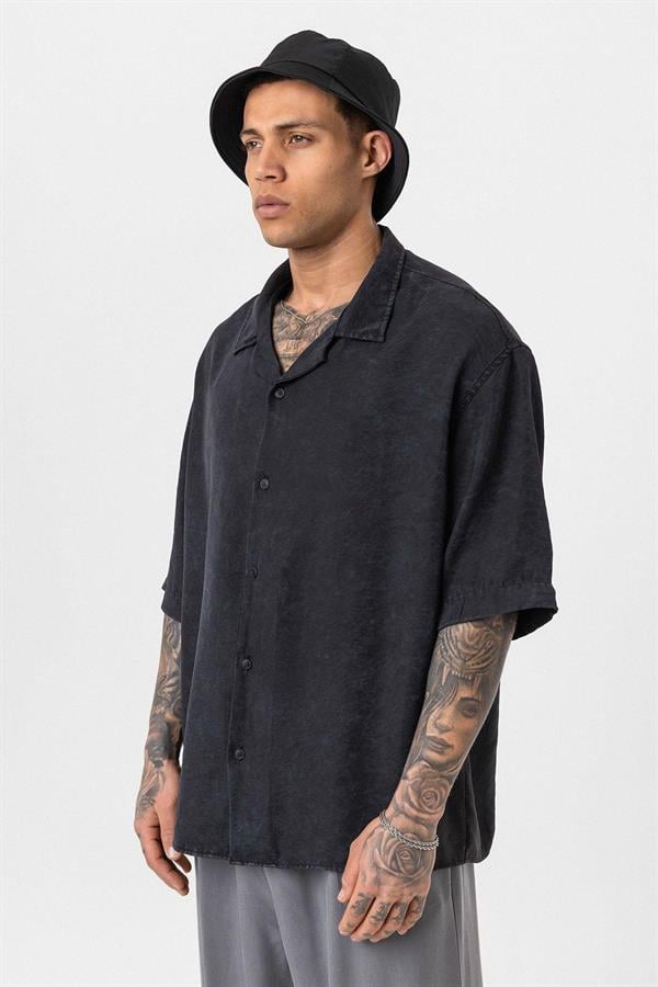 Yıkamalı Oversize Kısa Kol Gömlek - Siyah