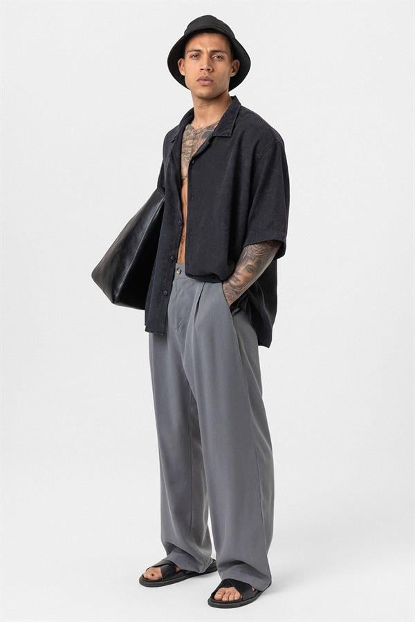 Yıkamalı Oversize Kısa Kol Gömlek - Siyah