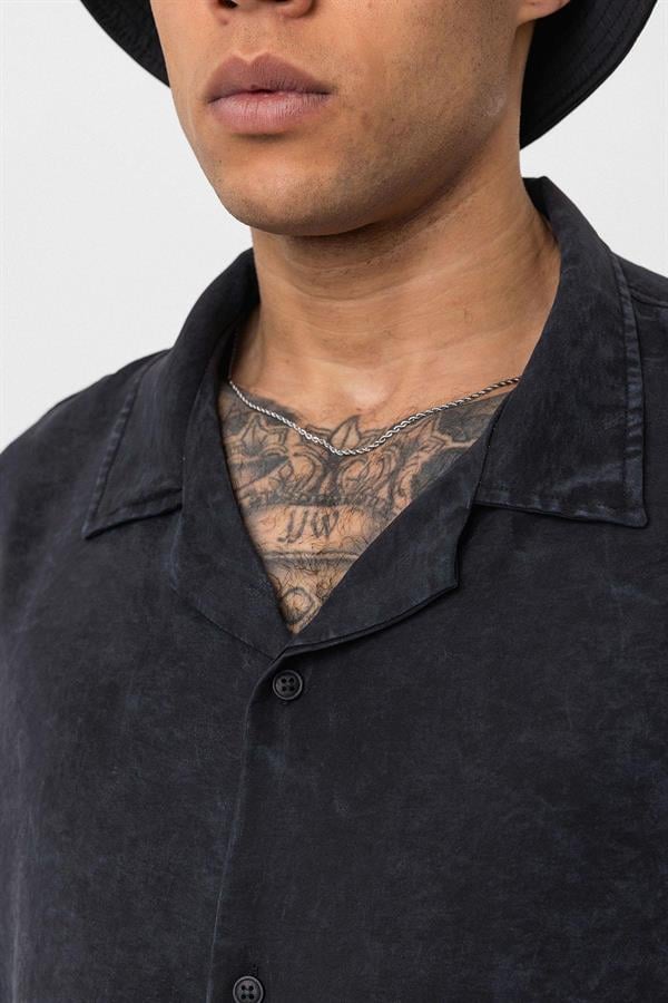 Yıkamalı Oversize Kısa Kol Gömlek - Siyah