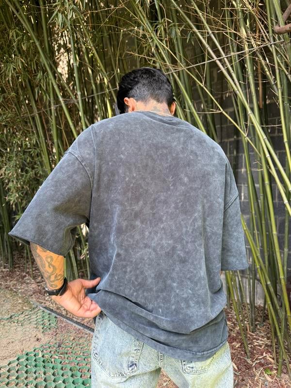 Yıkamalı Parça Detaylı Oversize T-Shirt - Siyah