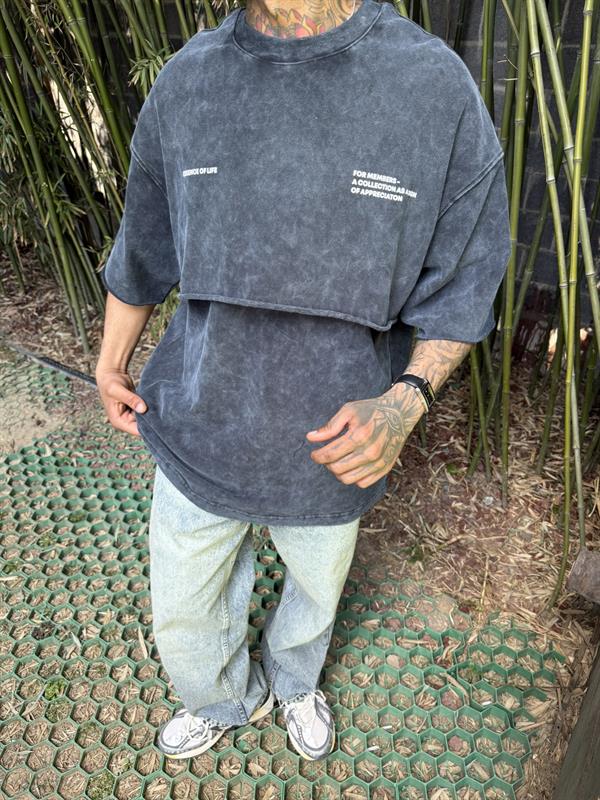 Yıkamalı Parça Detaylı Oversize T-Shirt - Siyah