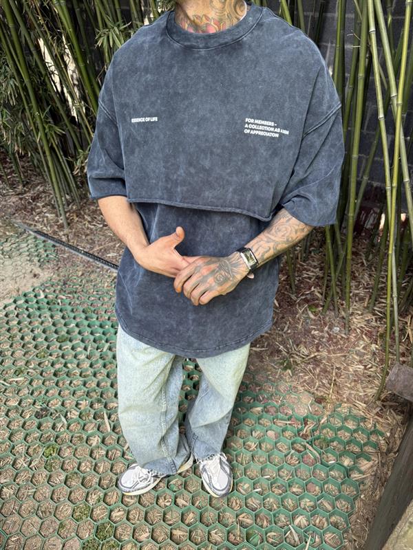 Yıkamalı Parça Detaylı Oversize T-Shirt - Siyah