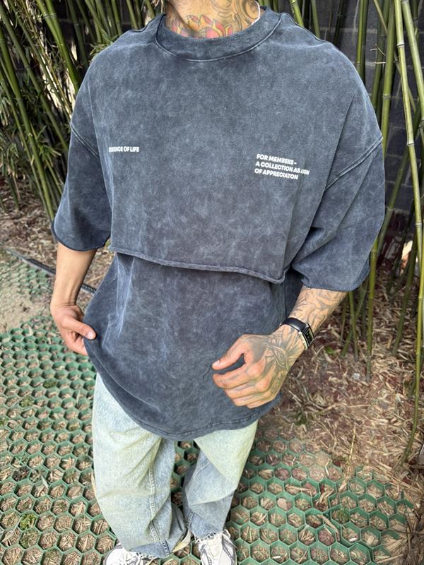 Yıkamalı Parça Detaylı Oversize T-Shirt - Siyah