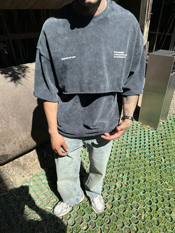Yıkamalı Parça Detaylı Oversize T-Shirt - Siyah