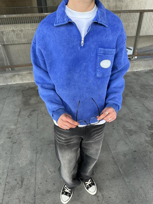 Yıkamalı  Polo Yarım Fermuarlı Yaka Oversize Sweatshirt Mavi