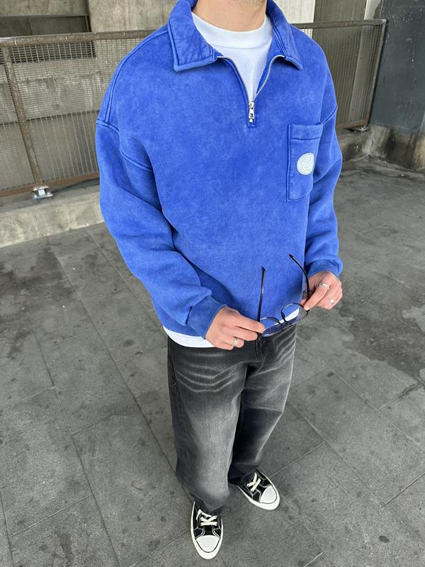 Yıkamalı  Polo Yarım Fermuarlı Yaka Oversize Sweatshirt Mavi