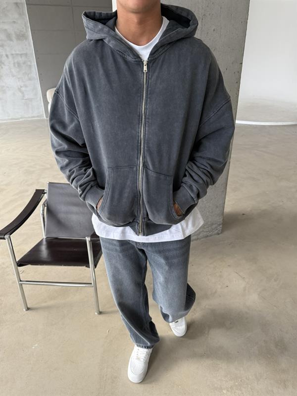 Yıkamalı Premium Acid Zip Hırka - Siyah