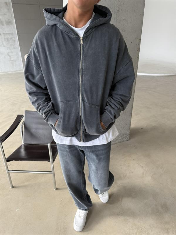 Yıkamalı Premium Acid Zip Hırka - Siyah