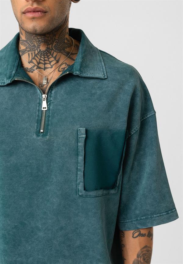 Yıkamalı Yarım Fermuar Cep Detaylı - T-Shirt - Yeşil