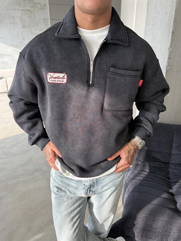 Yıkamalı Yarım Fermuar Young Atelier Sweat - Siyah