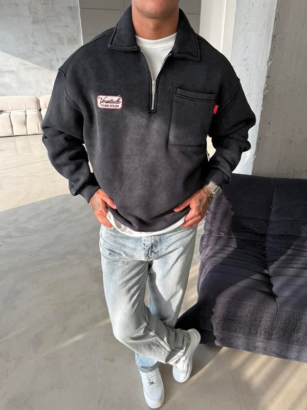 Yıkamalı Yarım Fermuar Young Atelier Sweat - Siyah