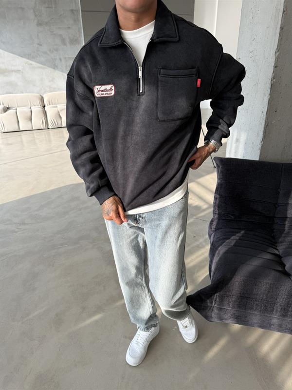 Yıkamalı Yarım Fermuar Young Atelier Sweat - Siyah