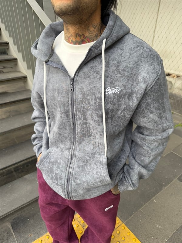 Yıkamalı Sırt Nakışlı Premium Hırka - Gri