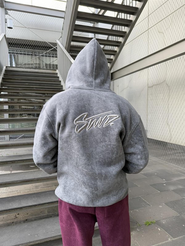 Yıkamalı Sırt Nakışlı Premium Hırka - Gri