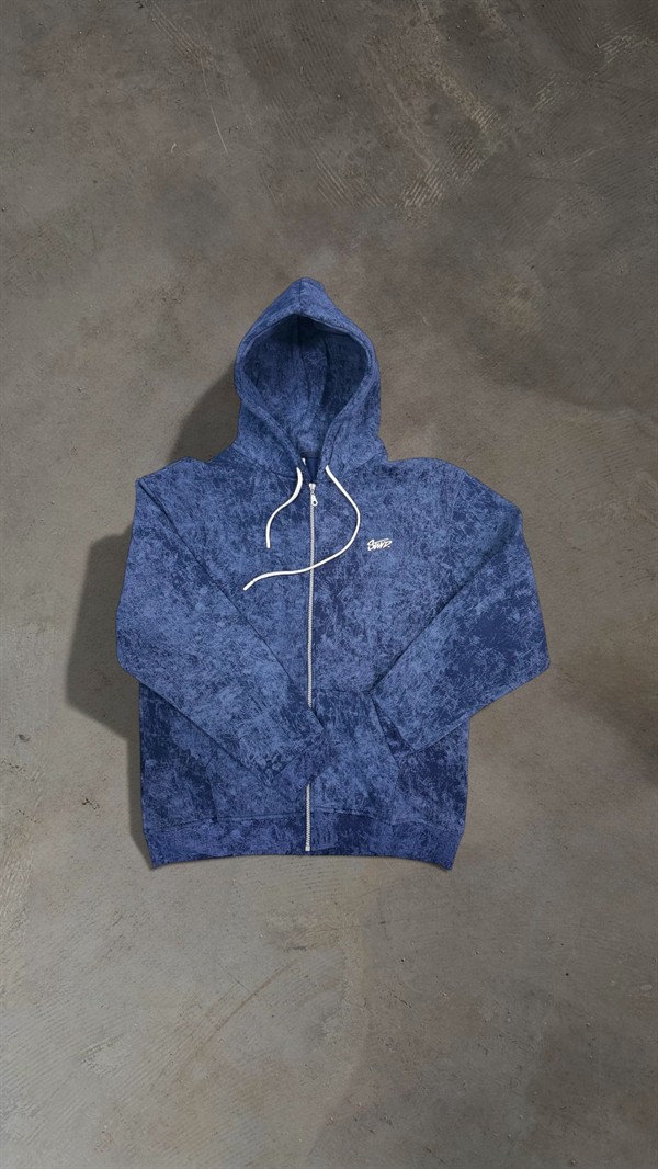 Yıkamalı Sırt Nakışlı Premium Hırka - İndigo