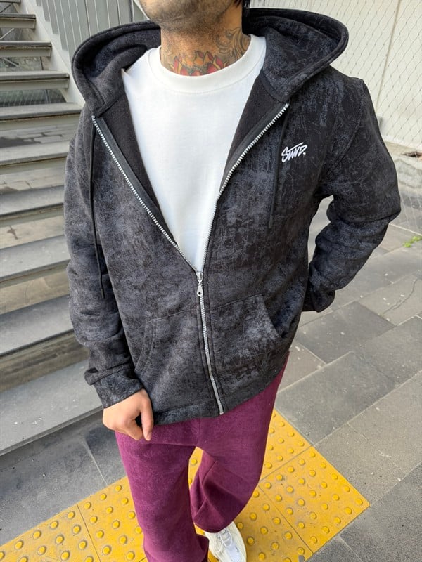 Yıkamalı Sırt Nakışlı Premium Hırka - Siyah