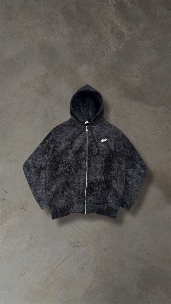 Yıkamalı Sırt Nakışlı Premium Hırka - Siyah